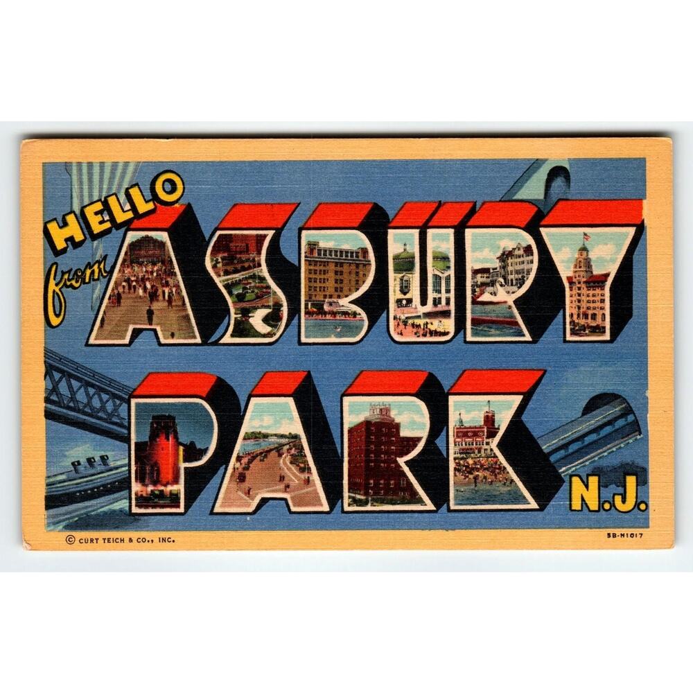 Vintage Hello Greetings from Asbury Park NJ Large Letter Linen Postcard CT